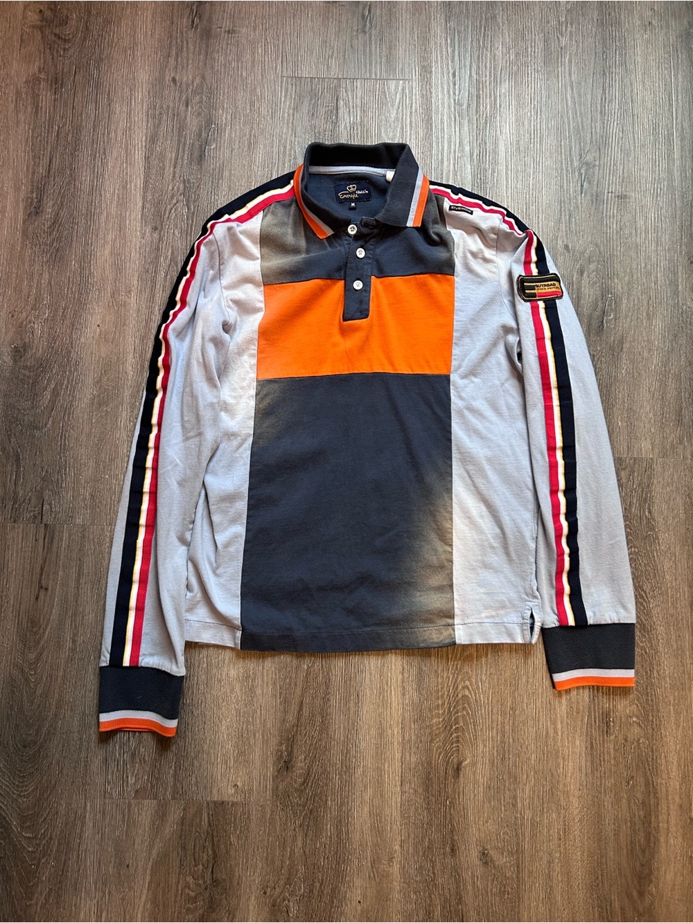 Vintage Energie Polo Shirt Long sleeve Mens Size M Blue Orange Color block Italy